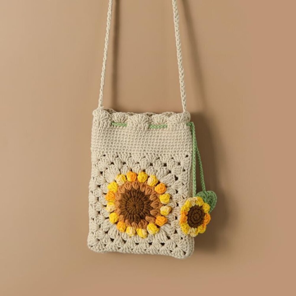 Wool Crochet Tote Bag Small Woven Shoulder Crossbody Beach Purse Womens - Picture 4 of 7